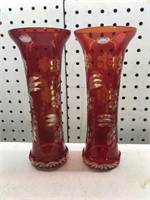Ruby red cut to clear vases 8 1/2” tall made in