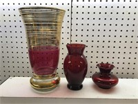Ruby Ted and cranberry vase lot 11” 6” and 4”
