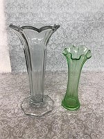 Vintage green depression glass vase and ruffled