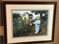 Framed little girl watering flowers print 35 x 29