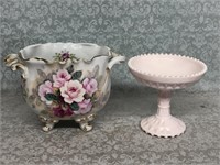 Vintage Pink milk glass compote and floral vase