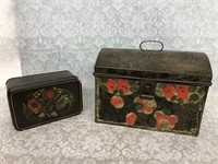 Vintage lot of hand painted toleware chest and
