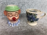Cash family pottery Mustache cup and clown head