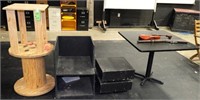 Wooden Spool, Black Table, & Asst. Wood Boxes