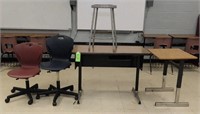 2 Desks, 2 Rolling Chairs, Metal Stool