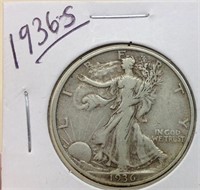 Of) 1936 S walking liberty half dollar
