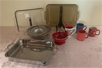 Pyrex, Ceramic Mugs, Baking Pans, Strainers +