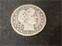 1914 S Silver Barber Quarter,Key Date,VG