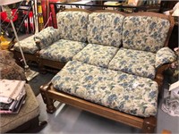 Matching Wood Sofa, Ottoman, and Padded End Table