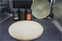 Pizza Stone, Canisters, & Decorative Bowl
