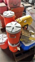 pallet of water jugs, cooler and mop bucket