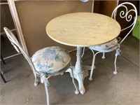 Iron Table with Marble Top and 2 Metal Chairs
