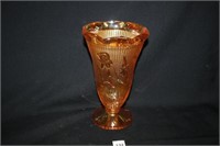 Orange Iridescent Carnival Glass Vase w/irises