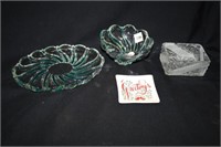 Clear Glass Platter w/bowl-painted on green accent