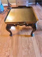 Brass tray-top wood-leg coffee table