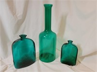 Green Glass Vase & Bottles