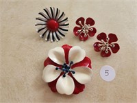 60's Metal Flower Power Pins & Clip Earrings