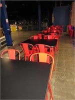 8 BLACK HIGH TOP TABLES & APPROX. 32 RED METAL BAR
