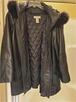 Black leather jacket with fur trim