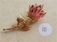 70's Pink Crystal Flower Pin, Goldtone