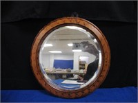Ant. Walnut Round Mirror Wooden Back