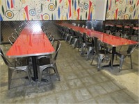 4 RED 6-TOP RETRO TABLES & APPROX. 24 METAL CHAIRS
