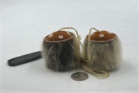 Hand made pair of seal skin Eskimo yo yos with bea