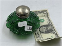 Vintage green glass inkwell with lid