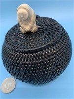 Hinged lidded woven root basket with moose antler