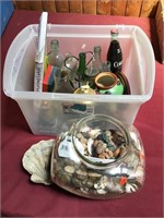 Assortment Of Bottles, Fish Bowl With Shells,