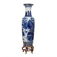 CHINESE BLUE & WHITE LANDSCAPE BALUSTER W/ STAND