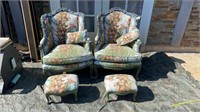Two Green Floral Armchairs w/ Ottoman