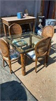 Wood/Glass Dining Set w/ four Floral Chairs