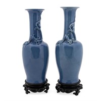 PAIR OF CHINESE BLUE MONOCHROME VASES W/STANDS