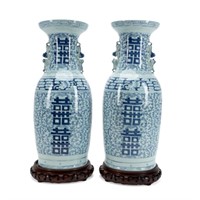 (4 PCS) PAIR, CHINESE BLUE & WHITE URNS W/ STANDS