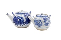 TWO CHINESE BLUE AND WHITE FLORAL TEAPOTS