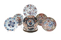 NINE MOSTLY CHINESE IMARI PALETTE PLATES & BOWLS