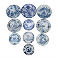 TEN MOSTLY CHINESE BLUE AND WHITE SMALL PLATES