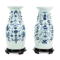 PR CHINESE BLUE & WHITE ON CELADON VASES W/ STANDS