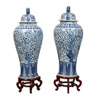 PAIR OF CHINESE BLUE & WHITE GINGER JARS W/ STANDS