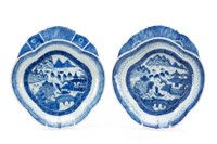 PAIR OF CHINESE BLUE & WHITE CANTON SHRIMP DISHES