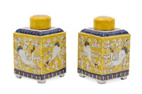 PAIR OF CHINESE YELLOW TEA CADDIES WITH CRANES