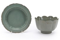 TWO CHINESE CELADON RU KILN STYLE FLOWER BOWLS