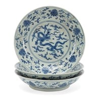 (3) CHINESE MING STYLE BLUE & WHITE DRAGON BOWLS