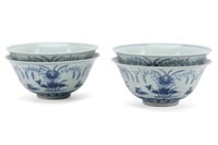 FOUR CHINESE MING STYLE BLUE & WHITE BOWLS