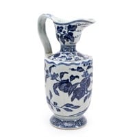 CHINESE MING STYLE BLUE & WHITE FLORAL EWER