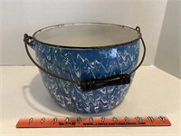 Blue and white swirl handled pot