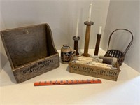 Primitive wood boxes and spools