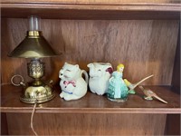 Vintage lamp, cat/elephant teacups, bird figures