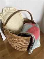 Large Basket with Pillow, small blanket & yarn.